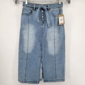 FRYE AND CO. Women's Denim Midi Jean Skirt Blue Size 6 Button Fly Tie Waist New